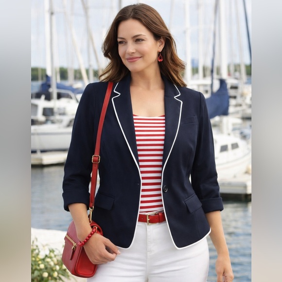 jcpenney Jackets & Blazers - JCP Black Piped Blazer Jacket Women’s 1X Cropped Stretch Knit Office Casual